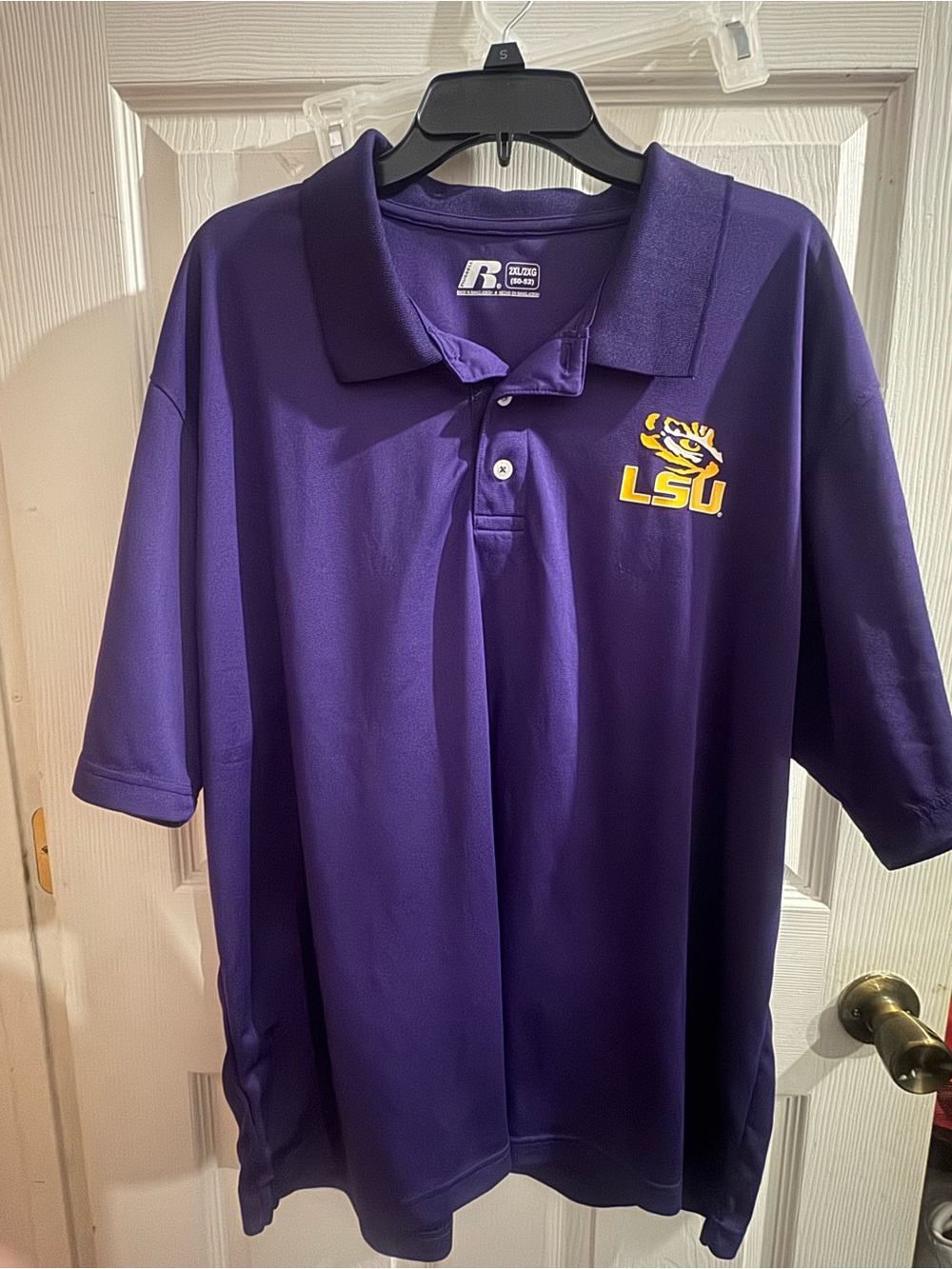 Russell Athletic Purple Polo with Yellow LSU Logo Mens Size 2XL
